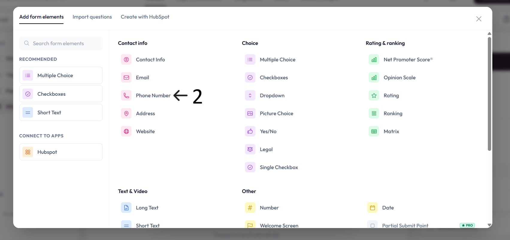 Phone Number option in question type menu
