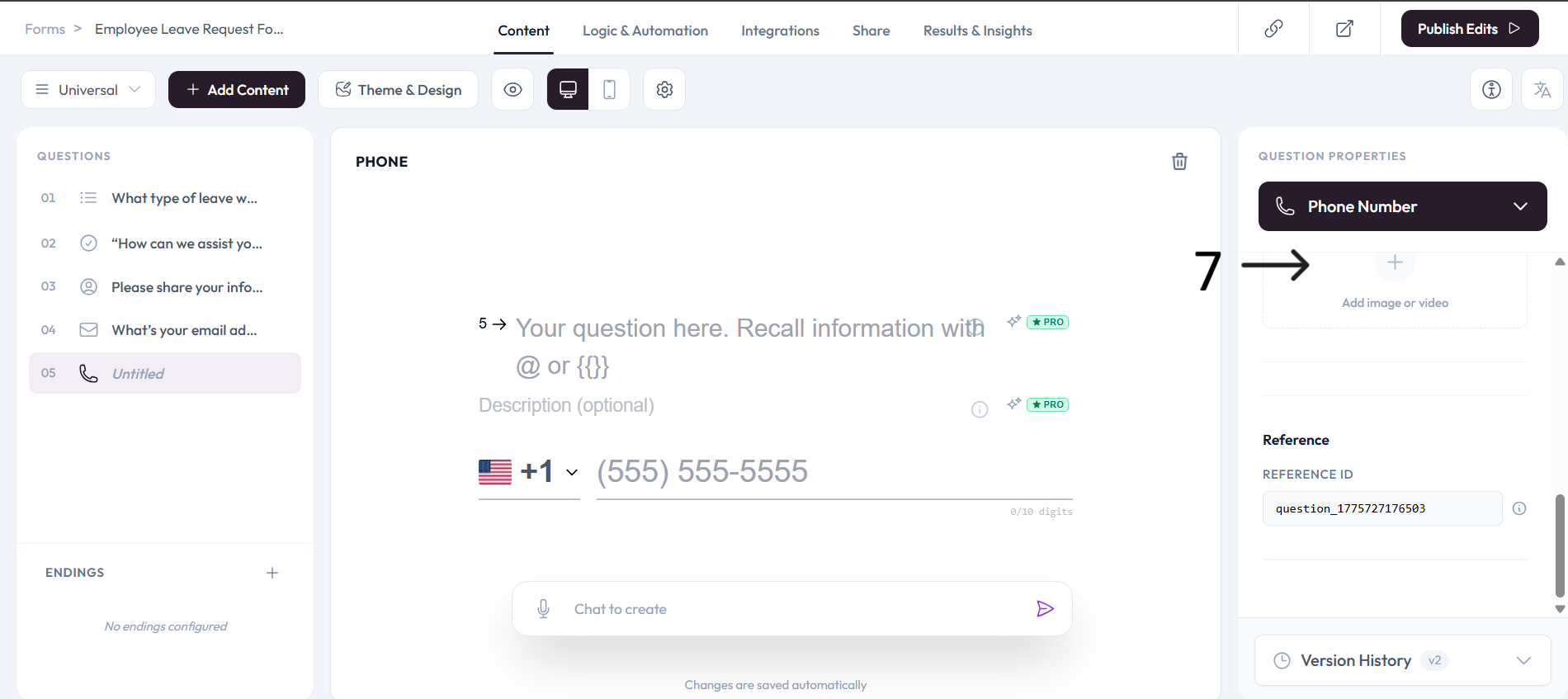 Phone Number question settings after step 7