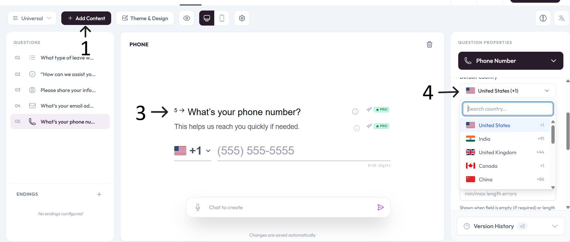Phone Number question text configured after step 3