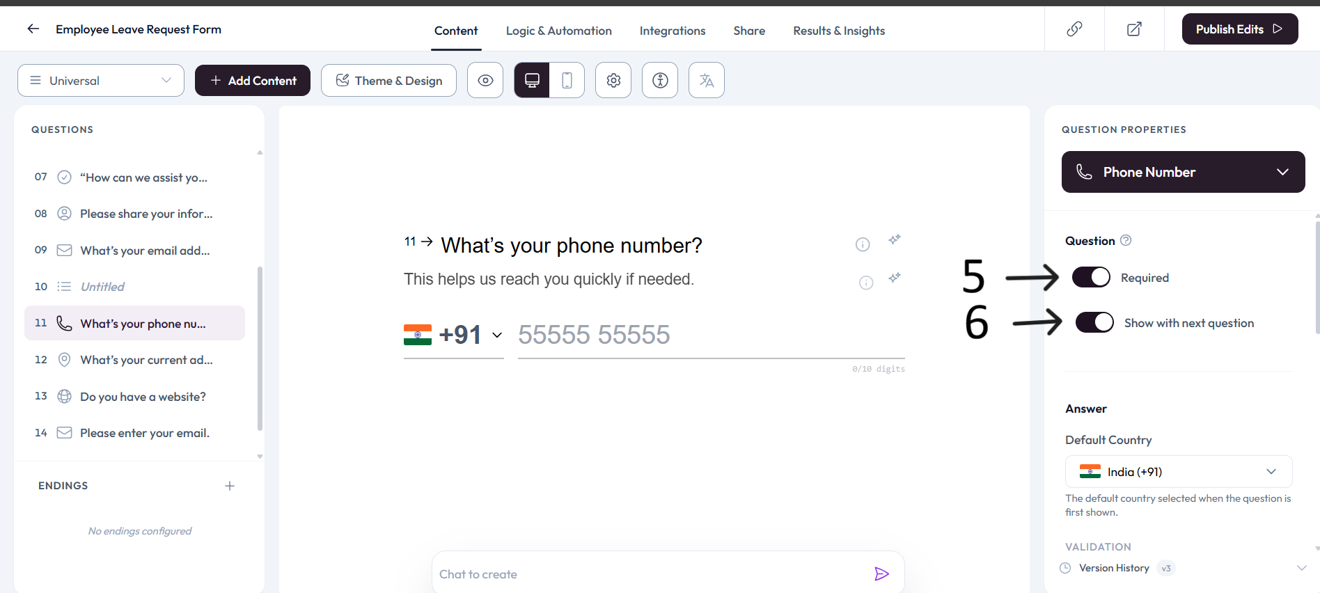 Phone Number show with next question setting after step 6