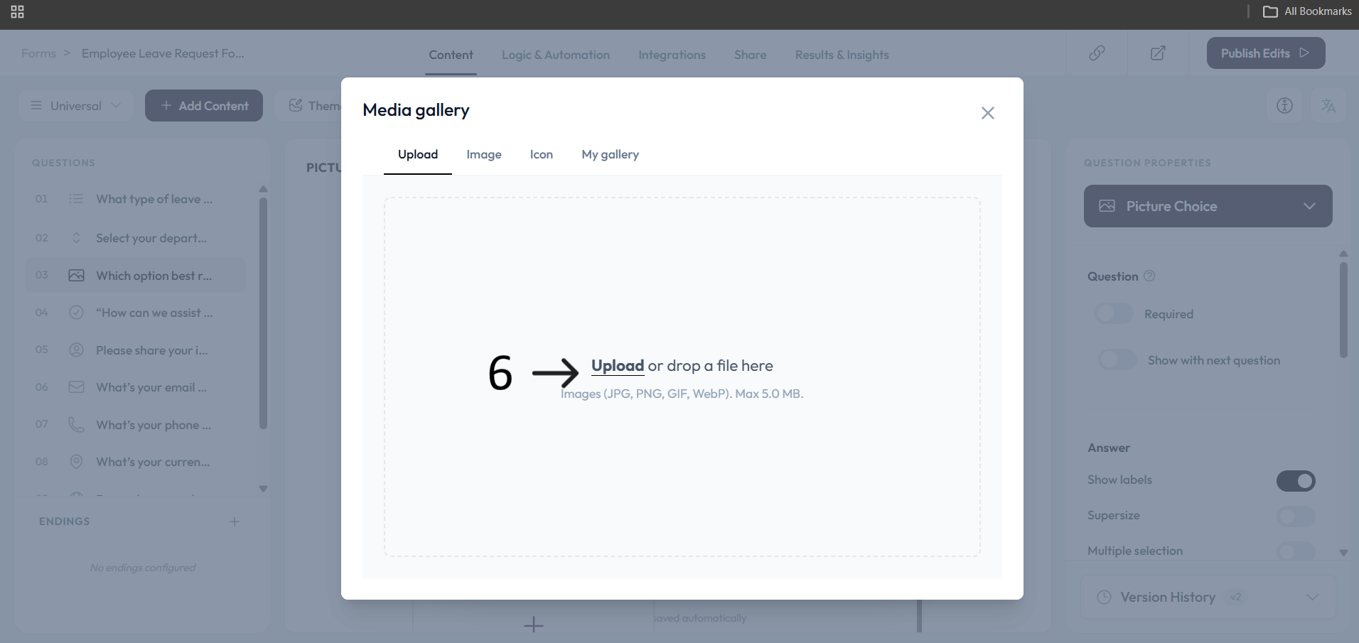 Picture Choice media library flow after step 6