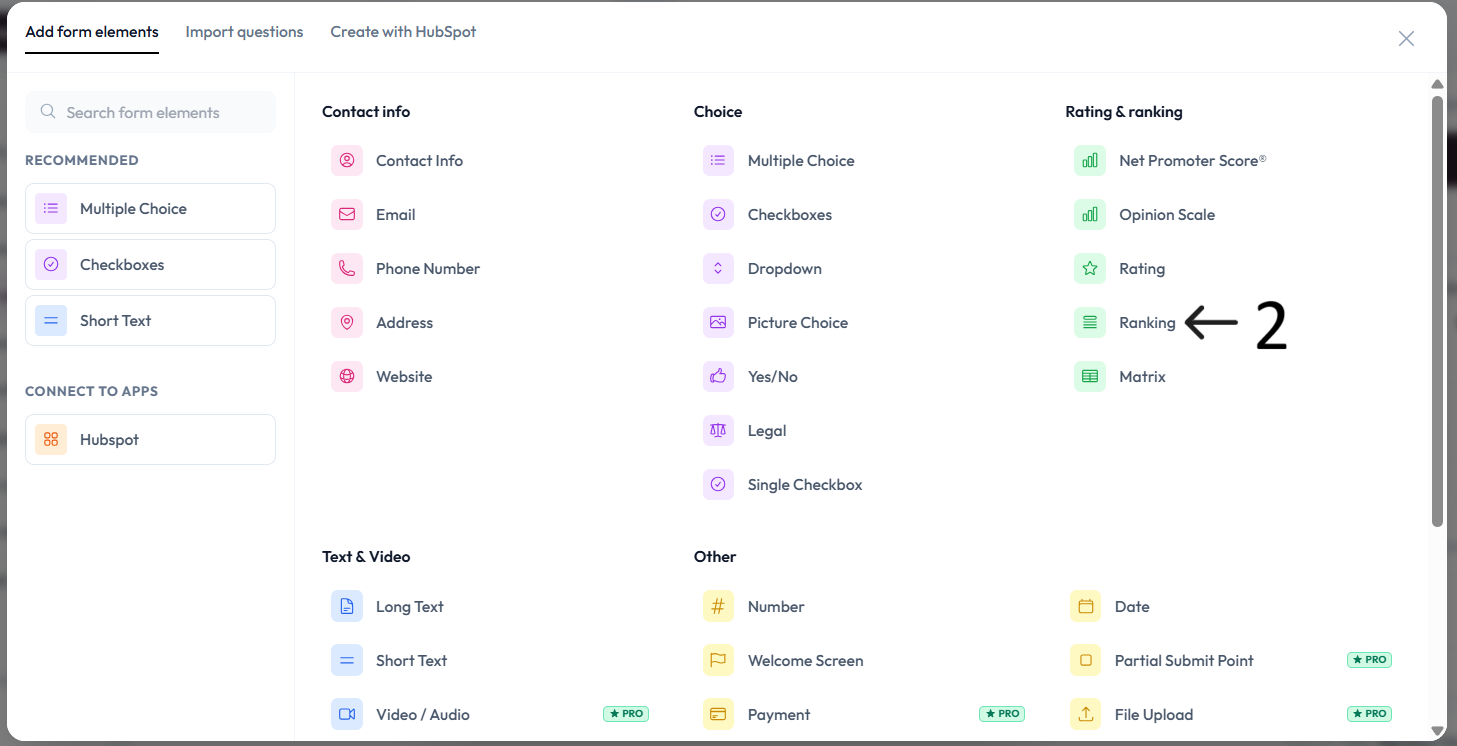 Ranking option selected in question list after step 2