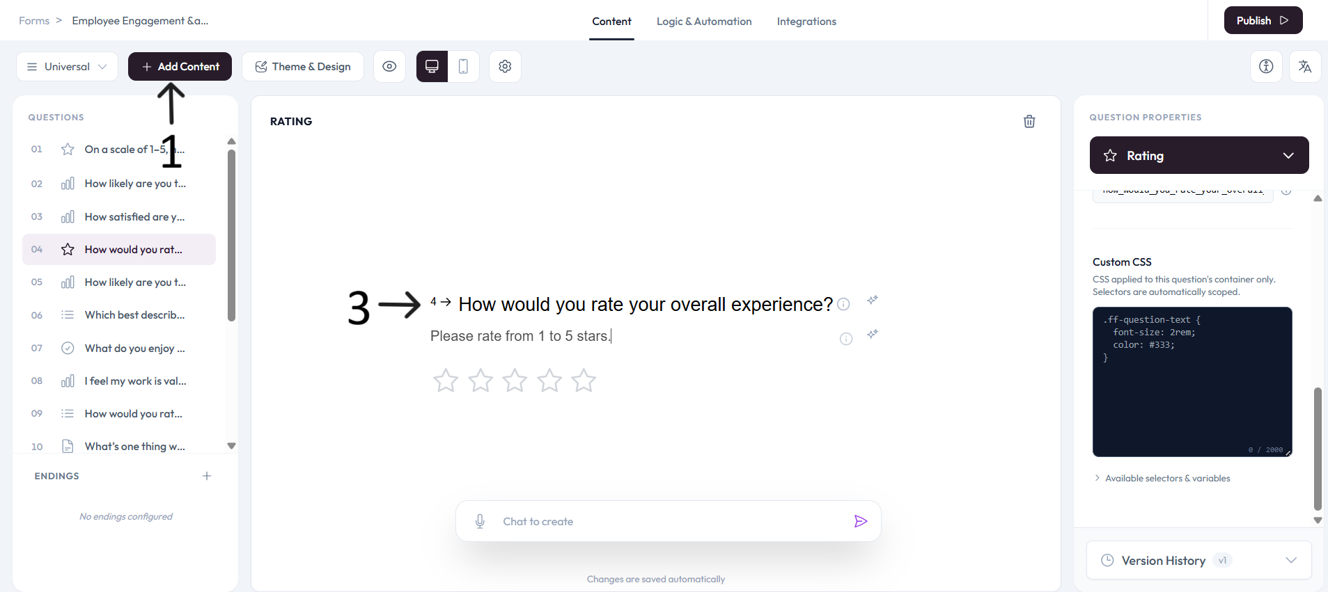 Rating question text configured after step 3