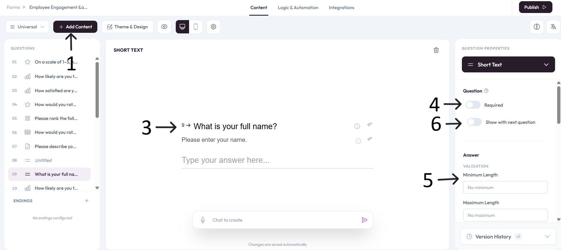 Short Text question configured after step 3