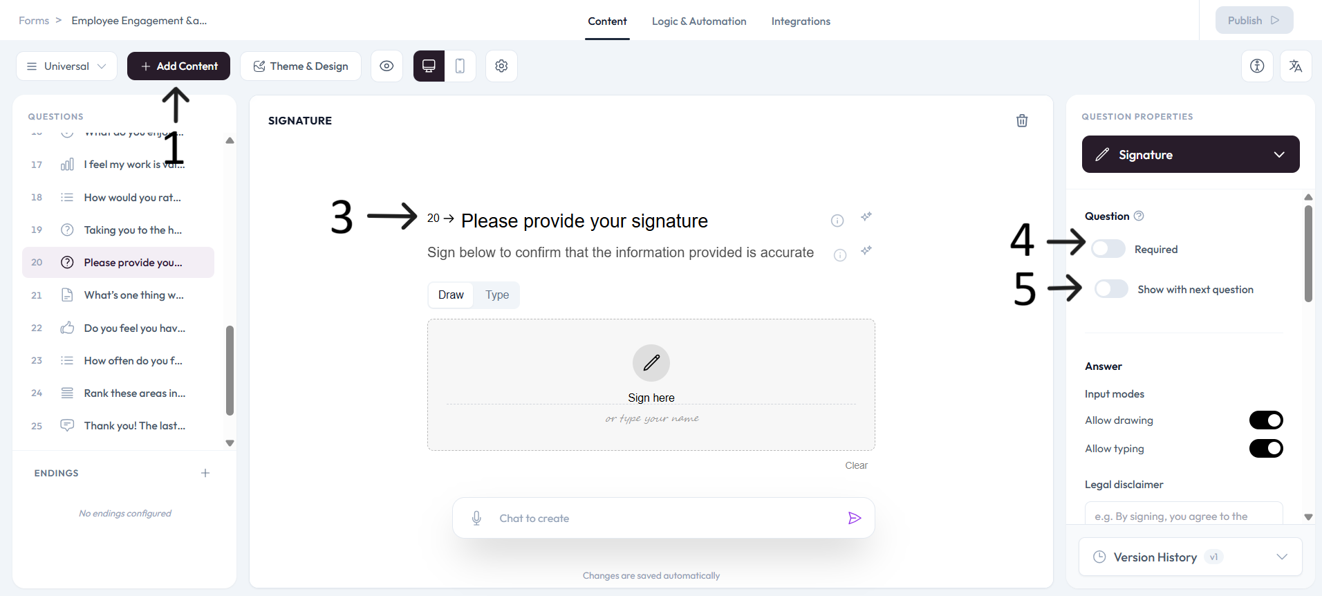 Signature question configured after step 3