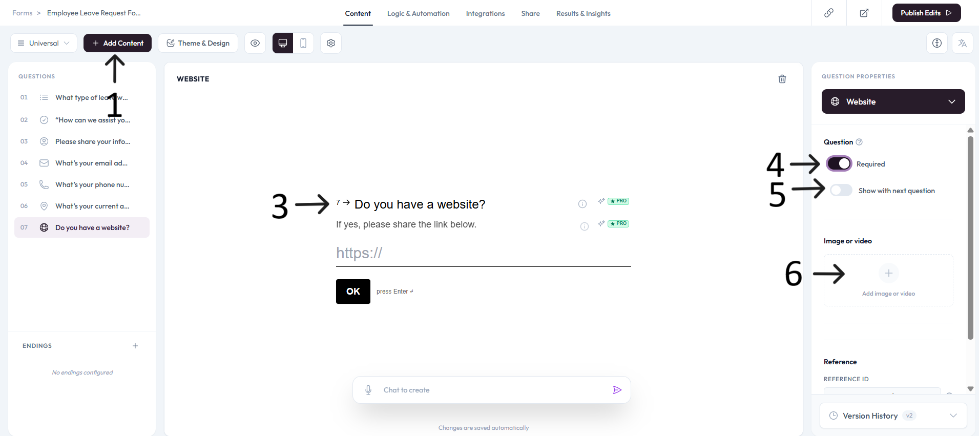 Website question configured after step 3